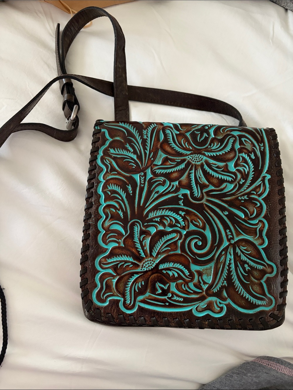 Patricia Nash Brown Leather Crossbody with Turquoise Detailing